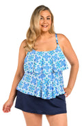 Front image of model wearing the 24th & Ocean Beachside Tile Two Tiered Tankini Top (Plus Size).