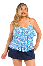 Front image of model wearing the 24th & Ocean Beachside Tile Two Tiered Tankini Top (Plus Size).