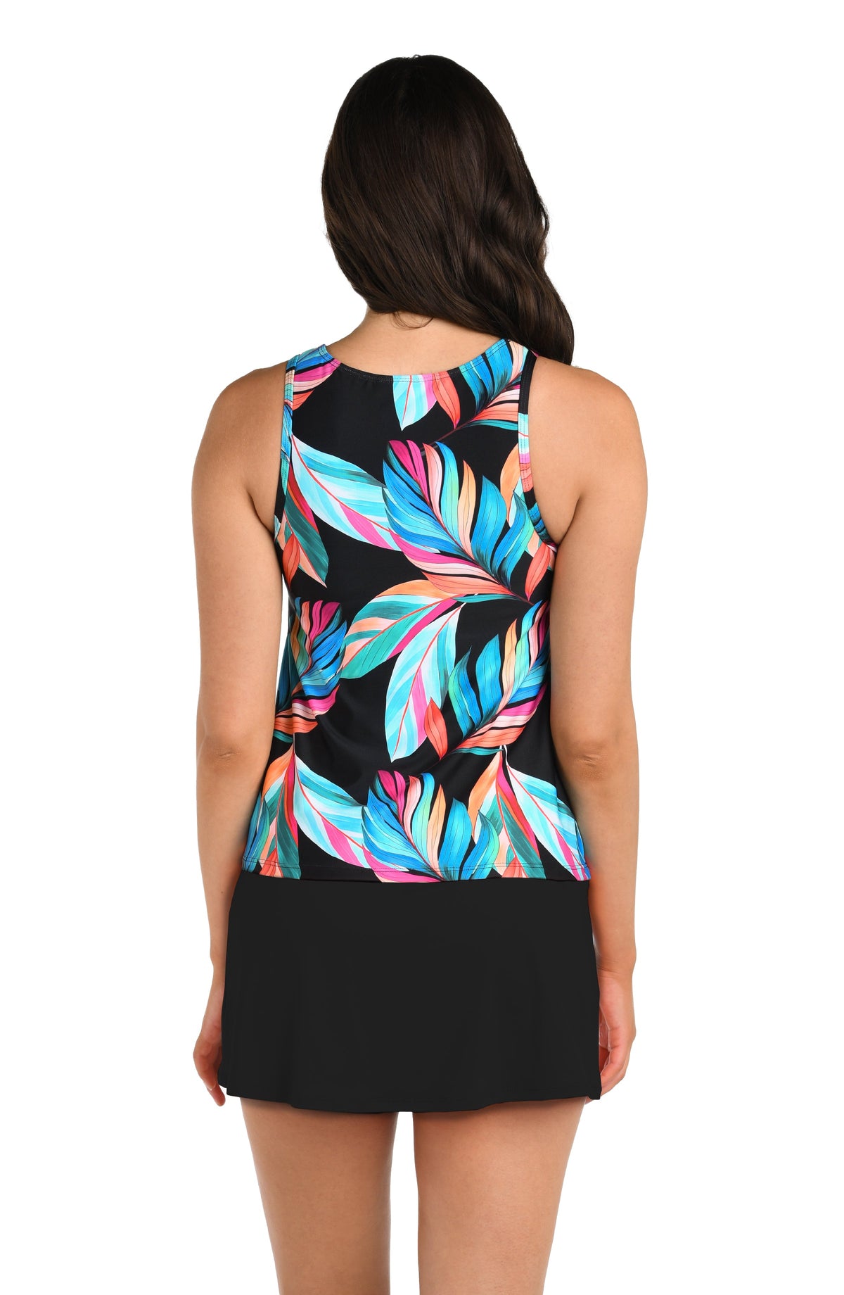 Back image of model wearing the 24th & Ocean Moonlit Leaf High Neck Over The Shoulder Tankini Top.