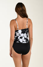 Back image of model wearing a multicolored black and white floral printed tankini top featuring over the shoulder adjustable straps and a straight back. This is paired with a solid black bottom.