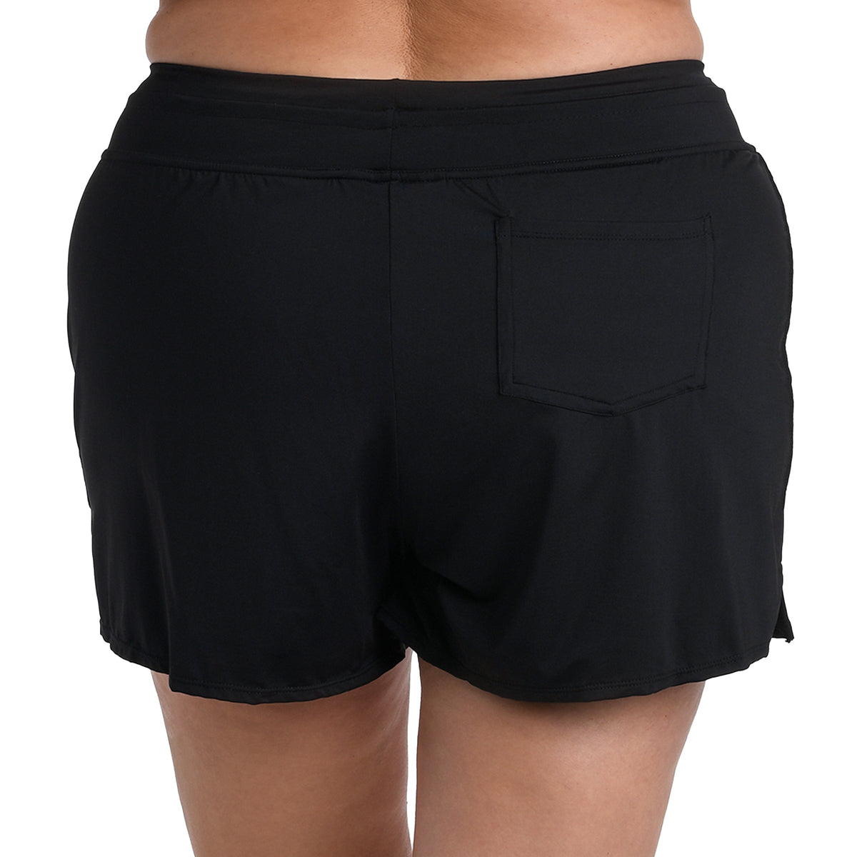 Back image of model wearing a solid black colored swim short featuring a mid rise fit and back pocket.