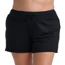 Front image of model wearing a solid black swim short featuring a mid rise fit and front tie. 