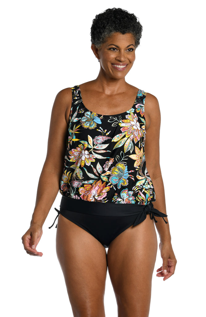 Everyday Mix And Match Removable Strap Blouson Tankini Top – Black