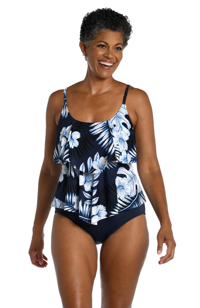 Nigella Womens Color Block Print Racerback Tankini Swimsuit with Long Shorts  Blue - Amber Millet