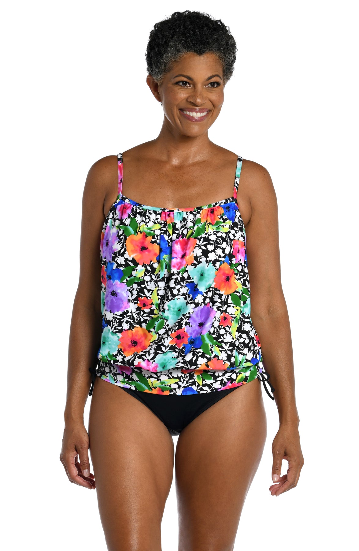 24th & Ocean Flyaway Tropical Floral Print Sweetheart Neck Underwire Tankini  Swim Top & Tummy Control Solid Bottom