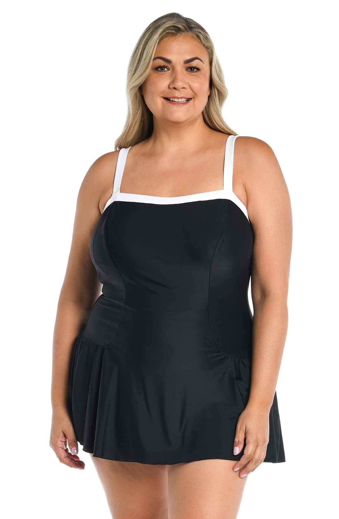 Solid Bandeau Princess Seam Swim Dress One Piece (Plus Size) - Final S Solid Bandeau Princess Seam Swim Dress One Piece (Plus Size) - Final S