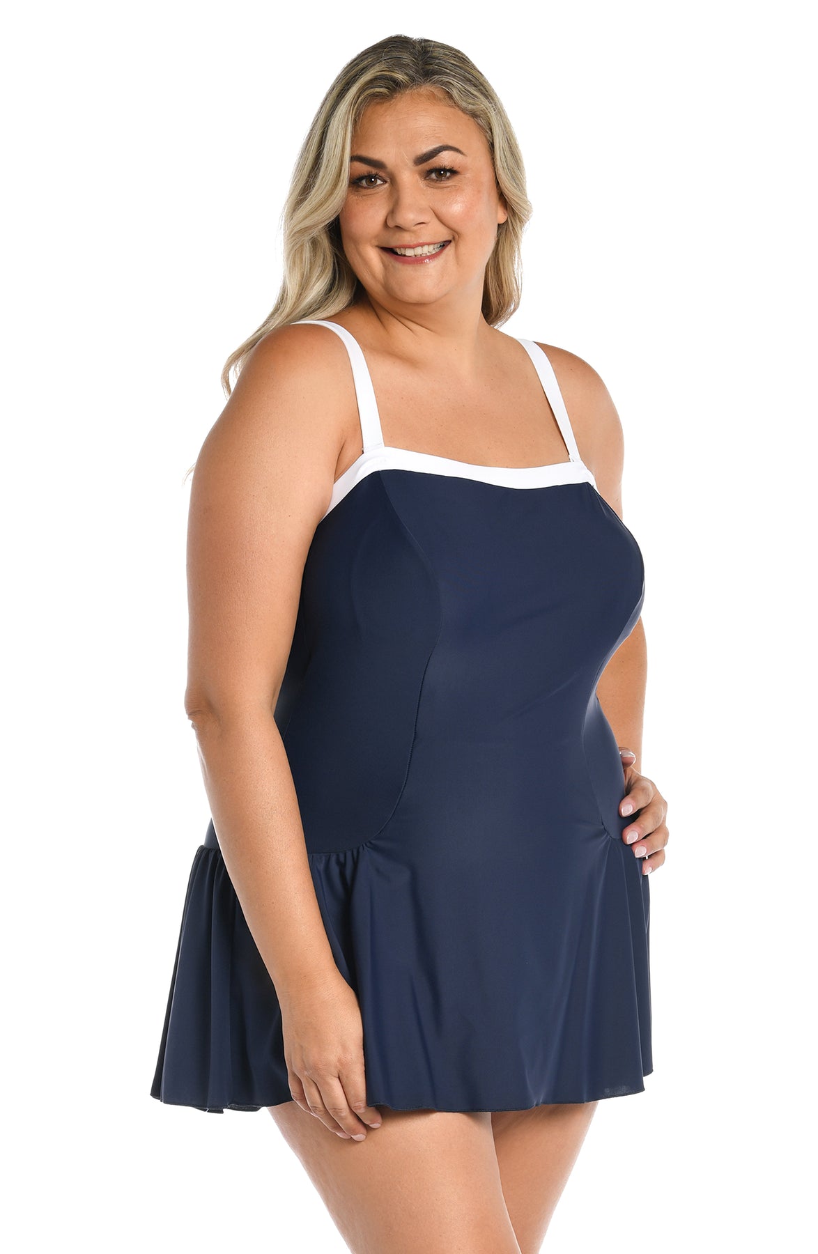 Women Plus Size Skirted Swimsuit One-Piece Swimwear with Flared Skirt  Bikini Bathing Suits - L / Navy Blue