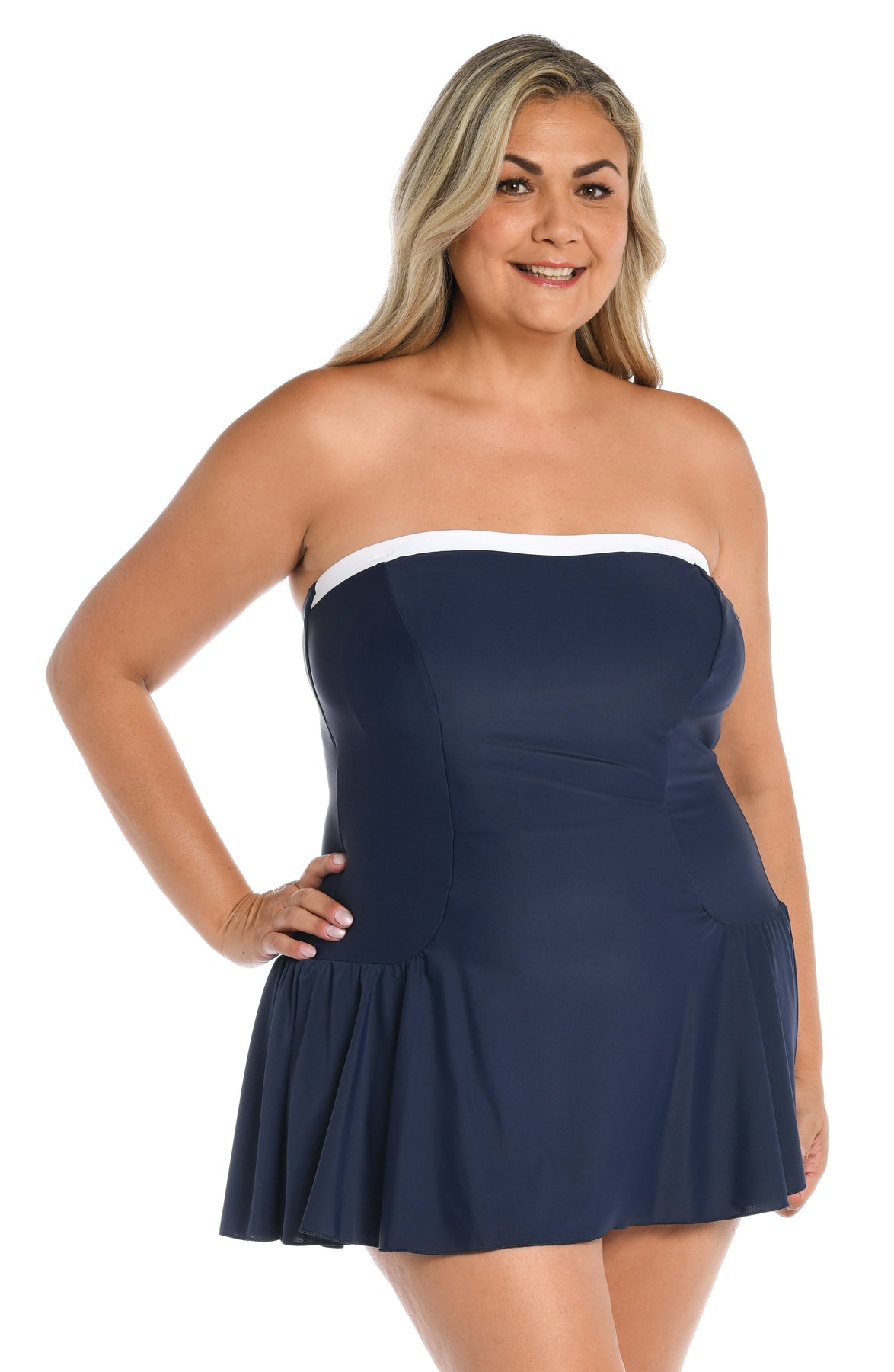 Solid Bandeau Princess Seam Swim Dress One Piece (Plus Size)