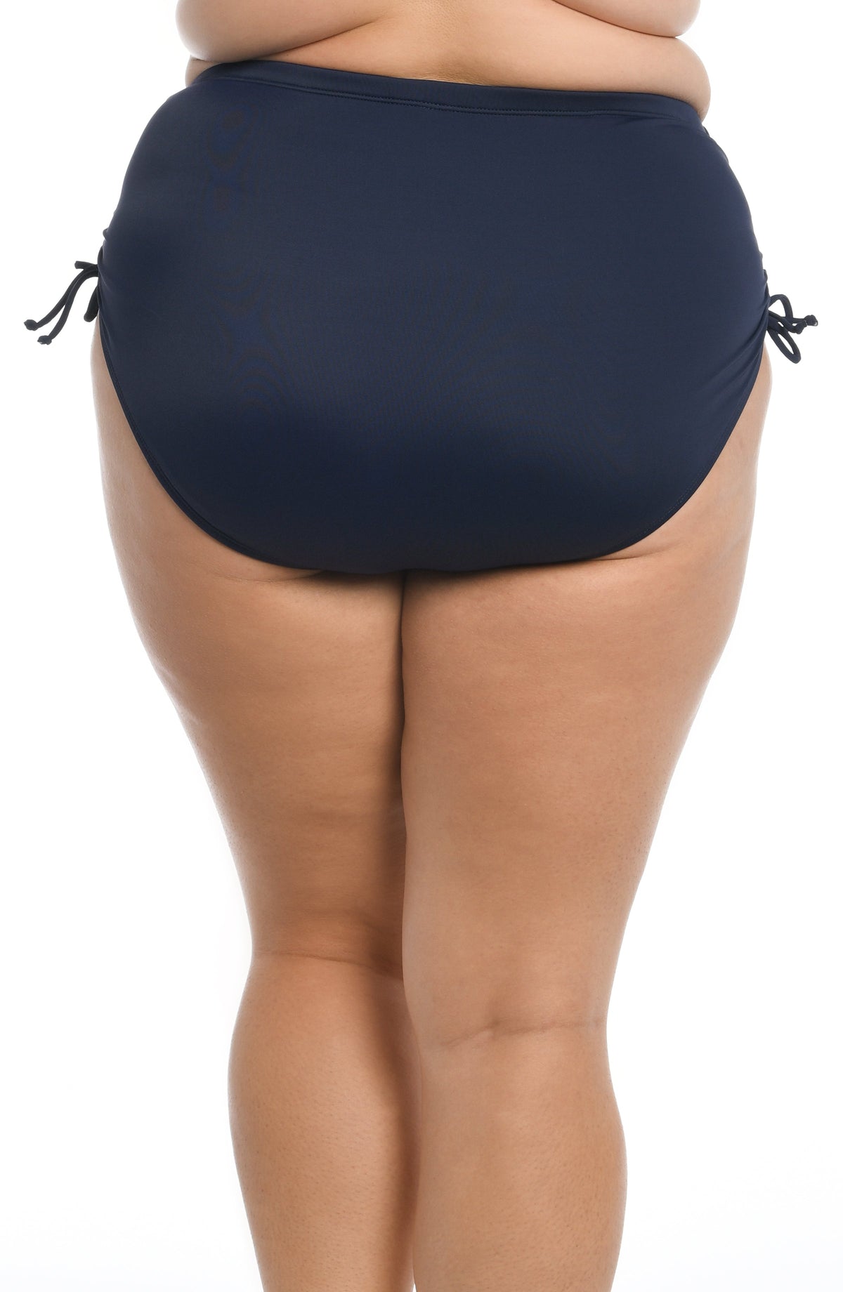 Model is wearing a solid black colored adjustable side tie hipster bikini bottom.