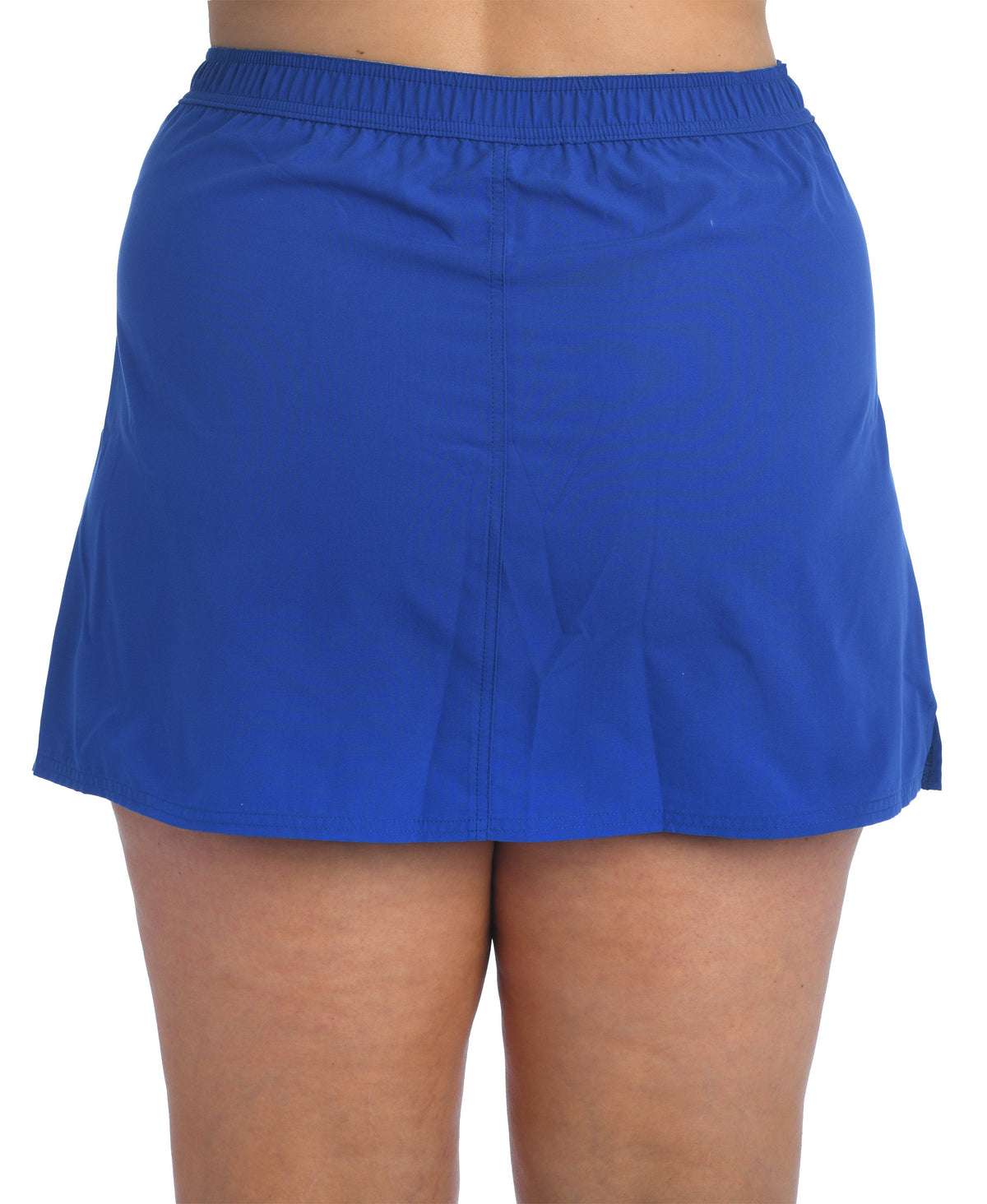 Model is wearing a solid navy blue colored woven board skirt bottom.