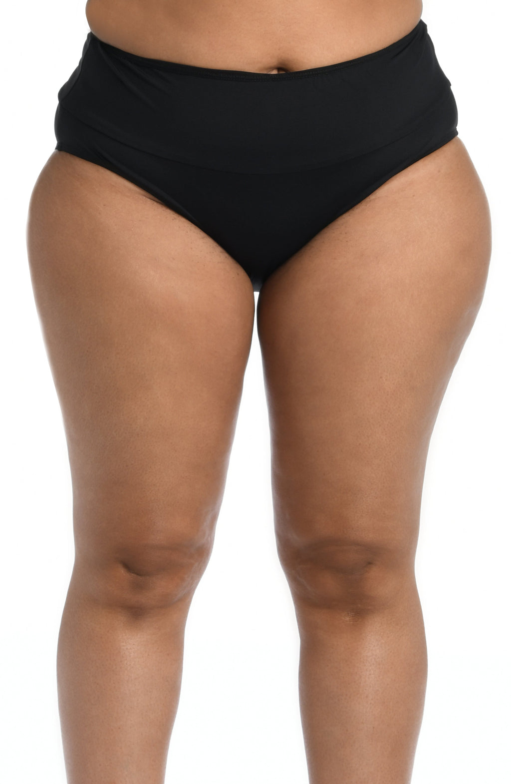Model is wearing a solid black mid waist spliced hipster bikini bottom from our 24th & Ocean brand.