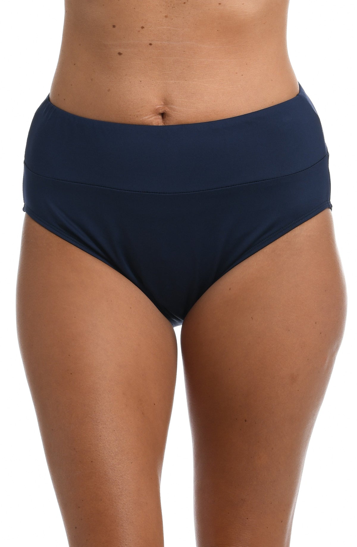 Model is wearing a solid black mid waist spliced hipster bikini bottom from our 24th & Ocean brand.