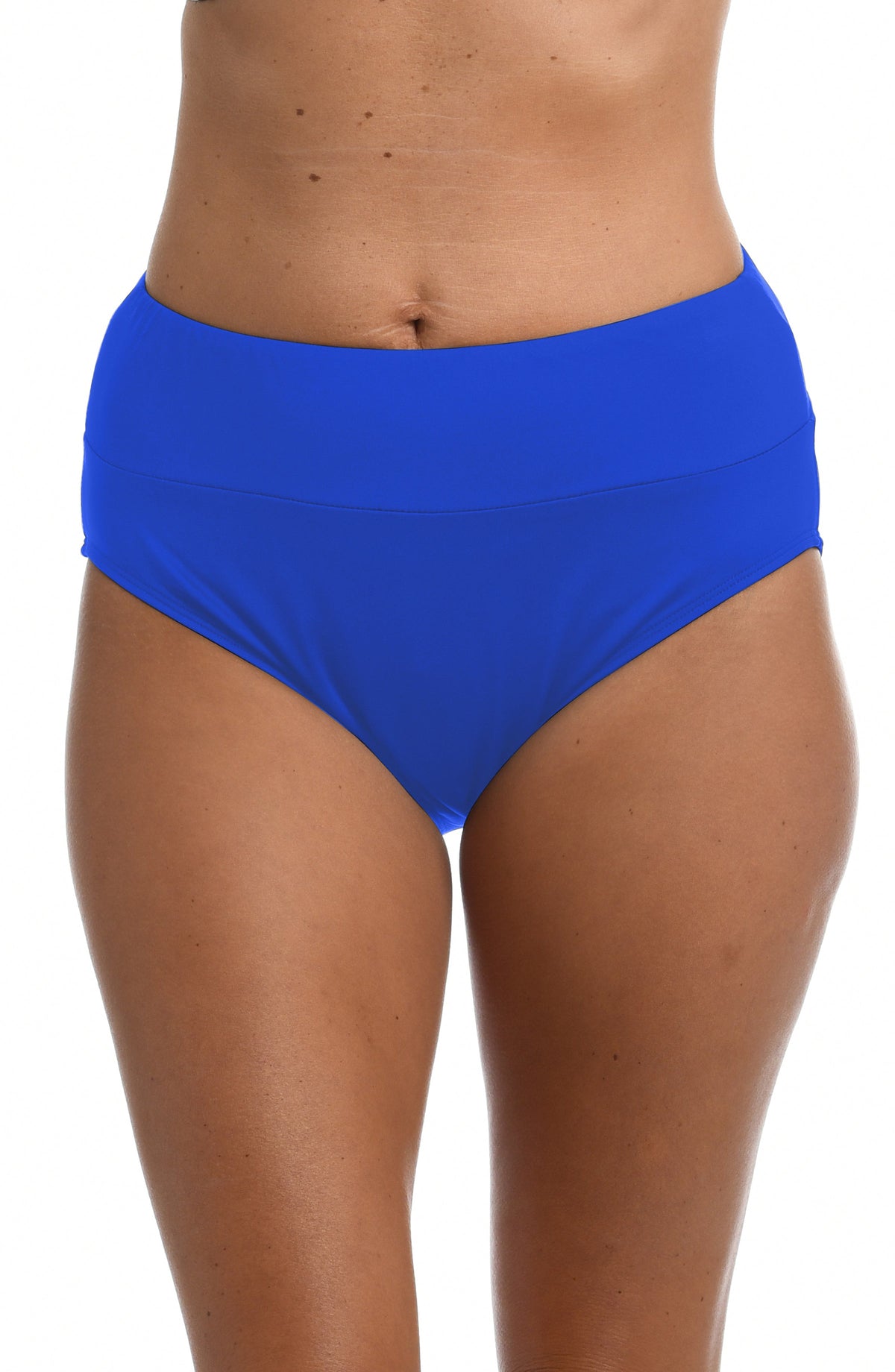 Model is wearing a solid black mid waist spliced hipster bikini bottom from our 24th & Ocean brand.