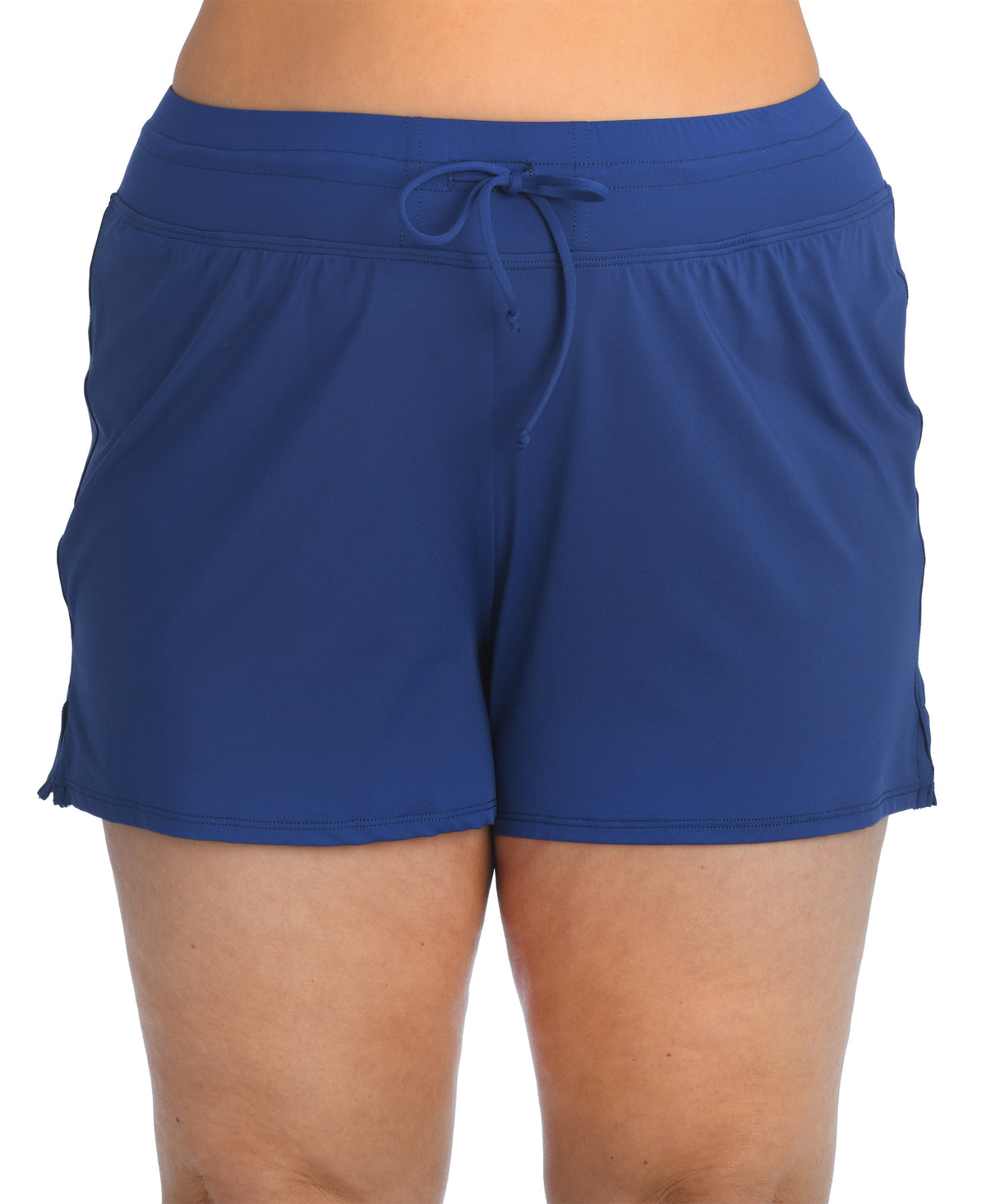 Front image of model wearing a solid navy colored swim short featuring a mid rise fit and front tie. 