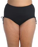 Model is wearing a solid black colored side tie high waist bikini bottom from our 24th & Ocean brand.