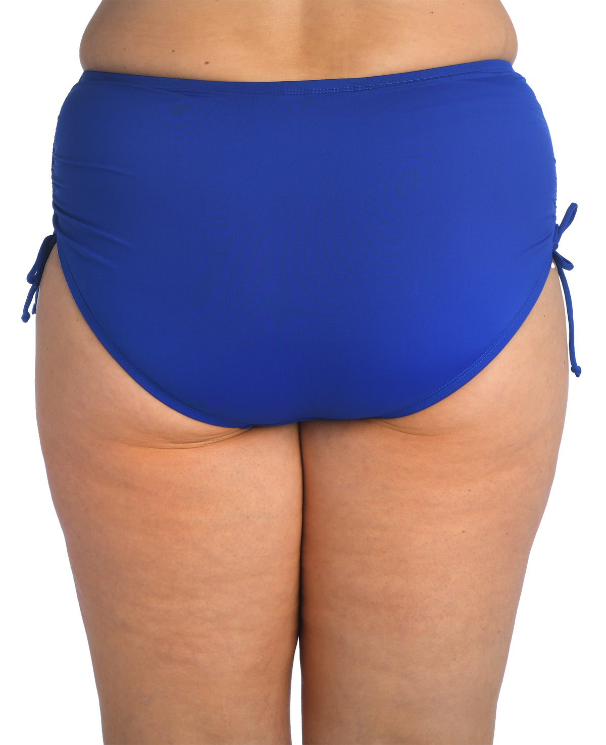 Model is wearing a solid cobalt blue colored side tie high waist bikini bottom from our 24th & Ocean brand.