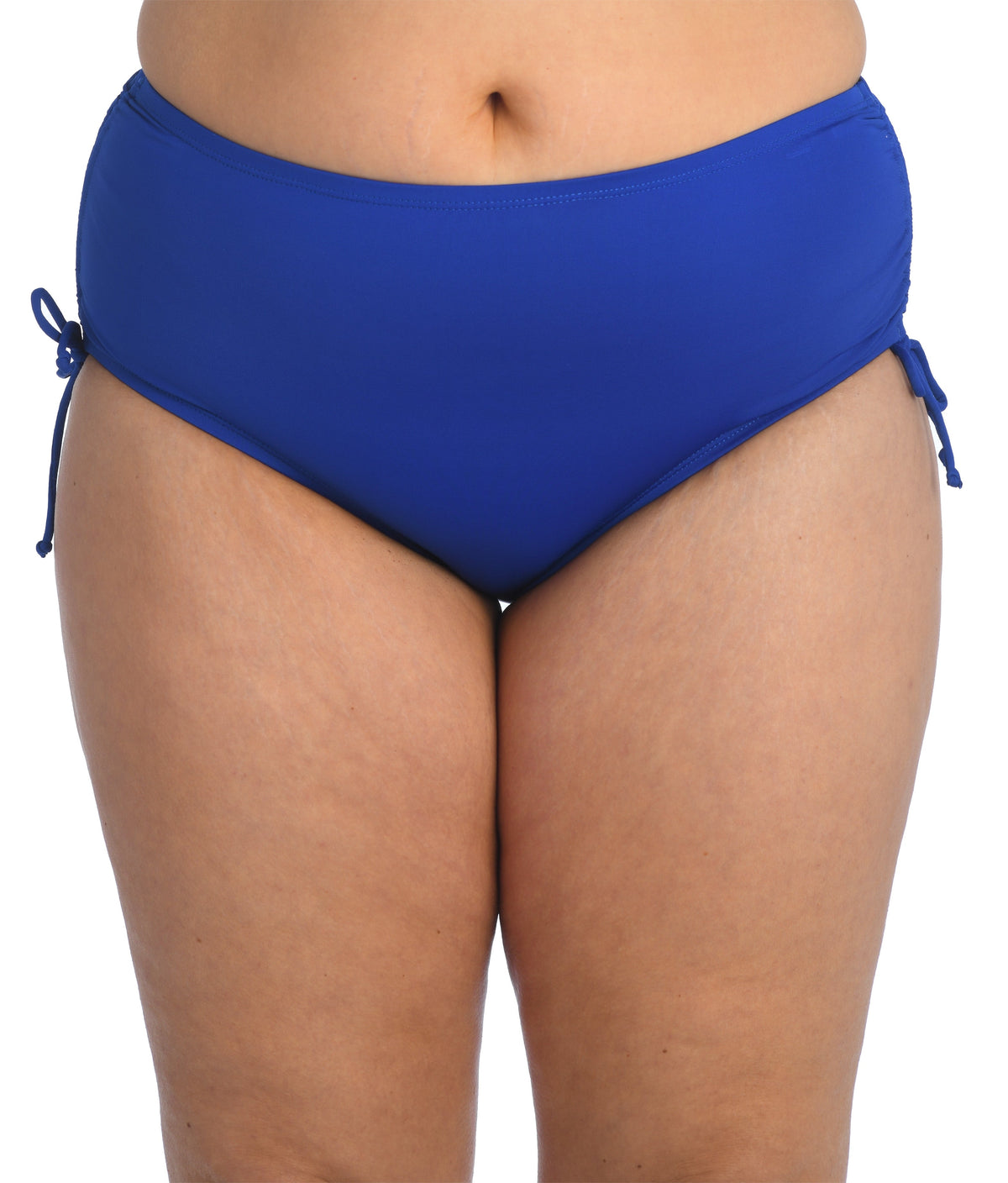 Model is wearing a solid cobalt blue colored side tie high waist bikini bottom from our 24th & Ocean brand.