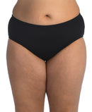 Model is wearing a solid black colored mid waist hipster bikini bottom from our 24th & Ocean brand.